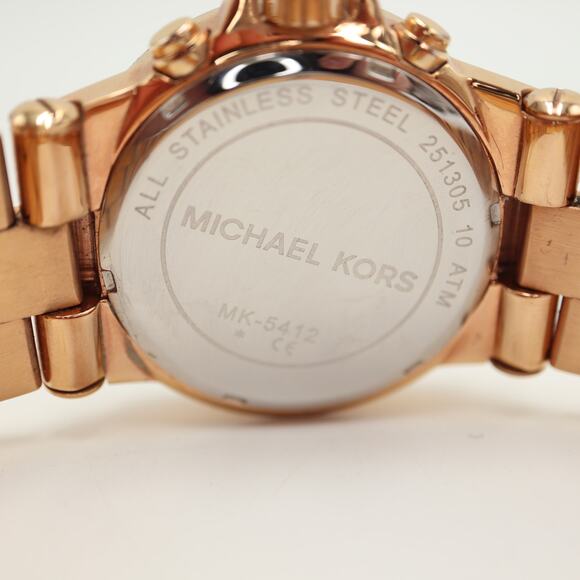Michael Kors Dylan Rose Gold Tone Chronograph Watch Gem Bezel MK5412 New Battery - Picture 12 of 12